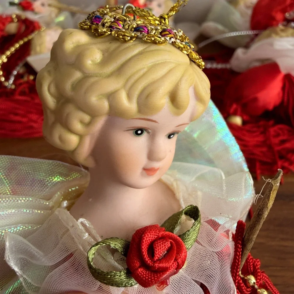 Vintage Set of 9 Porcelain Head Angel Tassel Christmas Ornaments Red Victorian
